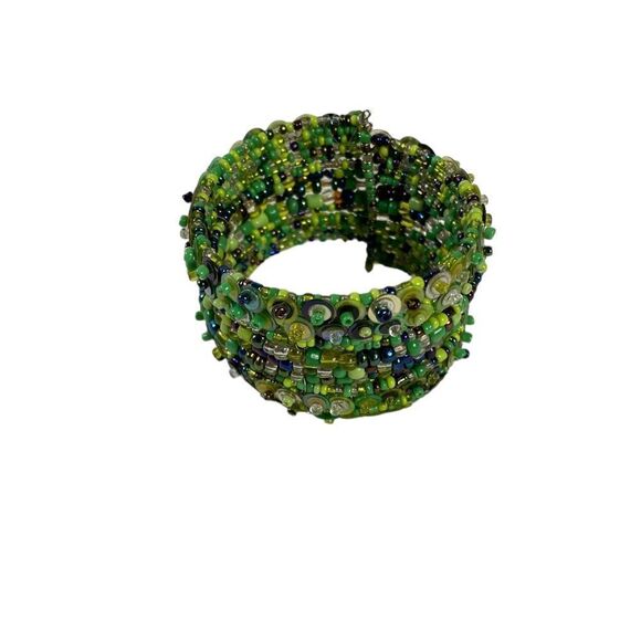 Bohemian glass bead hand woven green flex bracelet one size - Picture 5 of 5
